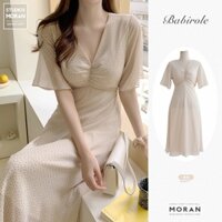 (ORDER-sẵn S M) Váy voan hoa bi cộc tay cổ V nhún ngực thắt eo xòe dài style MORAN vintage Hàn Quốc điệu đà