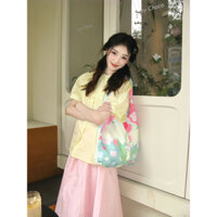 (ORDER - Sẵn Váy) Set áo sơ mi cổ bẻ búp bê màu vàng nhạt MORAN + Chân váy xòe màu hồng vải thô điệu đà (Hàng QCL1)