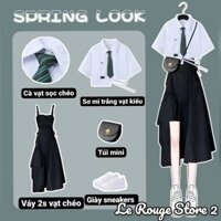 (ORDER) Set áo croptop vạt kiểu kèm cà vạt kẻ sọc màu trắng + váy yếm hai dây đen nữ chiến binh vạt chéo (ảnh thật)