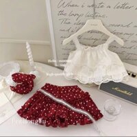 (ORDER) Set áo hai dây ren hoa xòe điệu đà + Chân váy xòe tầng chấm bi màu đỏ dáng ngắn đáng yêu cho bé gái hàng QC loại
