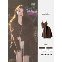 (ORDER) Set áo khoác len cardigan không khuy màu nâu đậm MORAN + Áo hai dây phong cách Hàn Quốc