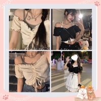 Order Set áo kiểu nữ hai dây trễ vai croptop nhún bèo ngực tiểu thư  dễ thương xinh