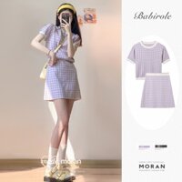 (ORDER) Set áo sơ mi cộc tay + Chân váy xòe điệu đà màu tím kẻ sọc mùa hè style MORAN năng động