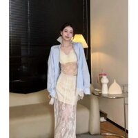 [Order] Set Áo sơ mi dáng dài form rộng phối ren + áo 2 dây ren và chân váy ren dài ôm sát body sexy