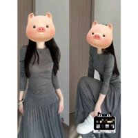 (ORDER) Set áo thun dài tay+chân váy xòe xếp ly dáng dài maxi phong cách Hàn Quốc sang trọng màu xám thu đông hàng QC