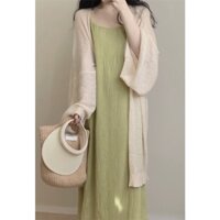 (ORDER) Set áo voan mỏng không khuy dài rộng+ Váy hai dây suông dài màu xanh vintage nhẹ nhàng (Hàng QCL1)
