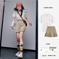 (ORDER) Set chân váy kaki cạp cao dáng A-line xếp ly style MORAN Hàn Quốc trẻ trung năng động (hàng_hè_mới)