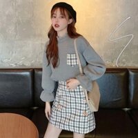 (ORDER) set chân váy sọc caro và áo len có túi caro