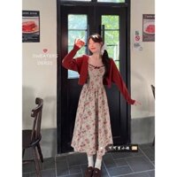 (ORDER) Set đầm hai dây hoa đỏ cúp ngực xòe dài vintage + áo cardigan phong cách điệu đà hàng QC cao cấp