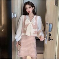 [ORDER] Set ulzzang tiểu thư  len mịn áo sơ mi nơ váy áo gile thu đông hàng cao cấp có đàn hồi 3 món(kèm ảnh khách)