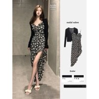 (ORDER) Set váy hai dây MORAN cổ V hoa đen thon eo suông dài xẻ tà đuôi cá gợi cảm mùa hè sang chảnh