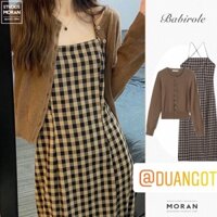(Order) Set váy hai dây MORAN dáng dài kẻ sọc caro + Áo khoác caridgan mỏng nhẹ style vintage (Hàng mới hot) (TY)