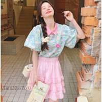 (ORDER)- Set váy ngắn tầng hồng + áo xanh hoa nhí cổ sơ mi đính hoa dễ thương cho nữ Mẫu Mới