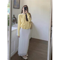 (ORDER)-Set váy thu đông cho nữ áo len giả 2 mảnh mix chân váy chấm bi dài phong cách Hàn Quốc 2024