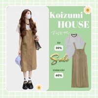 (Order) Set váy yếm kaki dáng suông dài + Áo thun cộc tay MORAN  kẻ sọc ngang style Hàn Quốc trẻ trung hàng Quảng Châu