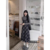 (ORDER)- Set váy yếm kẻ sọc Rretro cho nữ thu đông 2024 phong cách Hàn Quốc