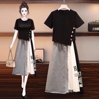 [ORDER TMALL 167 ] SET Áo Phông Cúc Chéo + Chân Váy Dáng Dài 3 Tà