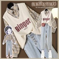 [ORDER TMALL 188 ] SET 3 Món Sơ Mi Caro + Gile Ginger + Quần Jeans Cạp Cao
