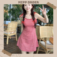 [Order] Váy 2 dây hoạ tiết kẻ đỏ chất thun lạnh không lộ tôn dáng phong cách nhẹ nhàng tiểu thư thời trang cho Nữ
