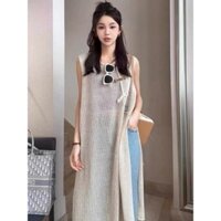 (ORDER) Váy ba lỗ len dệt kim dáng suông dài xẻ tà phong cách vintage Hàn Quốc
