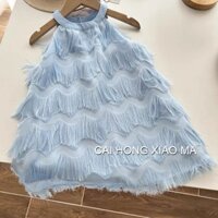 (ORDER) váy hai dây cổ yếm màu xanh dương phối tầng tua rua điệu đà sang chảnh Hàn Quốc cho bé gái hàng Quảng Châu loại