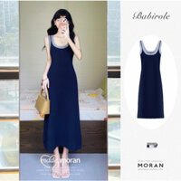 (ORDER) Váy hai dây MORAN dệt kim phối 1 màu xanh than thon eo suông dài ôm body gợi cảm