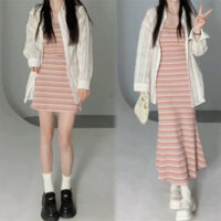 (ORDER) Váy hai dây ôm body dáng ngắn/dài kẻ sọc ngang màu hồng điệu đà ngọt ngào gợi cảm