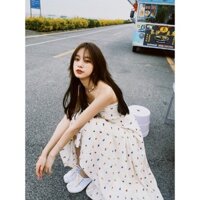 (ORDER) Váy quây hoa nhí màu trắng thon ngực xòe dài maxi đi biển style MORAN vintage Hàn Quốc
