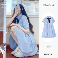 (ORDER) Váy sơ mi babydoll dập viền cổ bẻ thắt nơ màu xanh MORAN style đáng yêu Hàn Quốc