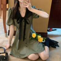(ORDER) Váy sơ mi cổ bẻ thắt nơ phối 2 màu, tay phồng thon eo xòe ngắn kẻ sọc xanh lá điệu đà