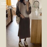 (ORDER) Váy sơ mi dài tay thắt eo suông dài mùa thu MORAN + Áo len gile style vintage Hàn Quốc (TY)
