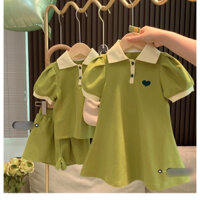 (ORDER) Váy thun cộc tay cổ bẻ POLO thêu trái tim, màu xanh lá đáng yêu cho bé gái