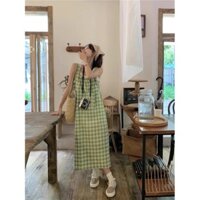 (ORDER) Váy yếm ba lỗ kẻ sọc caro màu xanh lá điệu đà dáng dài vintage mùa hè hàng QC cao cấp