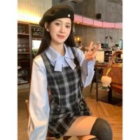 (ORDER) Váy yếm dạ kẻ sọc caro màu xanh xám dáng A line + Áo sơ mi màu xanh dương hàng Quảng Châu loại 1