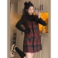 (ORDER) Váy yếm dạ kẻ sọc vuông màu đỏ xòe dáng chữ A phong cách Hàn Quốc mùa đông hàng QC loại 1