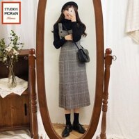 (ORDER) Váy yếm thiết kế MORAN Hàn quốc kẻ sọc xẻ vạt thu đồng Hàn Quốc
