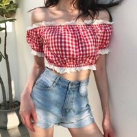 [ORDER]ÁO ULZZANG ÁO CROPTOP TRỄ VAI SỌC CARO HÀN QUỐC