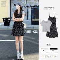 [Order]Set váy yếm hoa nhí màu đen hai dây xòe ngắn + áo thun cộc tay Hàn Quốc trẻ trung