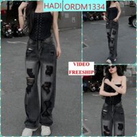[ORDM1334]QUẦN JEANS ỐNG RỘNG NỮ LƯNG CAO RÁCH NHIỀU MẢNG ĐÙI ĐEN MÀU XÁM ĐẬM ĐEN LAI CUỐN SIÊU NGẦU HOT BÁ CHÁY