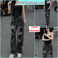 [ORDM1334]QUẦN JEANS ỐNG RỘNG NỮ LƯNG CAO RÁCH NHIỀU MẢNG ĐÙI ĐEN MÀU XÁM ĐẬM ĐEN LAI CUỐN SIÊU NGẦU HOT BÁ CHÁY