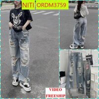 [ORDM3759]QUẦN JEANS ỐNG RỘNG NỮ LƯNG CAO RÁCH CÀO NHIỀU ĐÙI TRƯỚC KÈM RÁCH CÀO SAU MÀU XANH NHẠT LAI CUỐN SIÊU BỤI BẶM