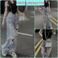 [ORDM3759]QUẦN JEANS ỐNG RỘNG NỮ LƯNG CAO RÁCH CÀO NHIỀU ĐÙI TRƯỚC KÈM RÁCH CÀO SAU MÀU XANH NHẠT LAI CUỐN SIÊU BỤI BẶM