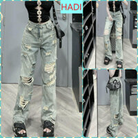 [ORDM3876] QUẦN JEANS ỐNG RỘNG NỮ LƯNG CAO RÁCH CÀO ĐÙI NHIỀU KÈM RÁCH SAU MÀU XANH BỤI LAI CUỐN CÁ TÍNH