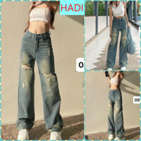 [ORHL691] QUẦN JEANS ỐNG RỘNG NỮ LƯNG CAO RÁCH 2 MẢNG ĐÙI VUÔNG KÈM MẢNG NHỎ MÀU XANH ĐẬM PHỦ VÀNG LAI CUỐN