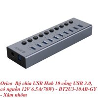 ORICO 18435 BT2U3-10AB-GY Xám nhôm 10 port USB 3.0 Bộ chia USB Hub 16 cổng USB 3.0, có nguồn 12V 6.5A(78W) công tắc riêng từng cổng,