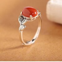 Oriental Youpin# S925 Sterling Silver Old Ethnic Style South Red Leaf Ring Retro Personality Egg Noodle Temperament Female Opening Silver Ring 11.20