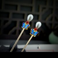 Original {Hai Mặt Bướm} Magic Stick Kẹp Tóc Cổ Điển Hanfu Sườn Xám Pan Tóc Kéo Sốt Mũ Đội Đầu Bướm Xanh