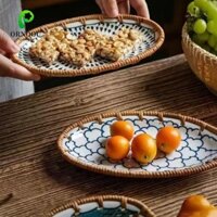 Ornoou Mây Breadbasket, Tranh Màu Hình Bầu Dục Đĩa Trái Cây Mây Gốm, Họa Tiết Cá / Hoa Đa Năng Phong Cách Việt Nam Khay Bánh Sushi Nhà