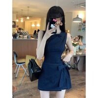 [Orrder] Đầm Jean Mềm Sát Nách Phong Cách Pháp Thắt Nơ Chiết Eo Thiết Kế Thanh Lịch Mùa Hè