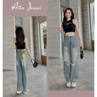 [ORTD5469] QUẦN JEANS NỮ ỐNG RỘNG LƯNG CAO RÁCH TUA HAI ĐẦU GỐI MÀU XANH NHẠT CÁ TÍNH TÔN DÁNG XINH ĐẸP HITA